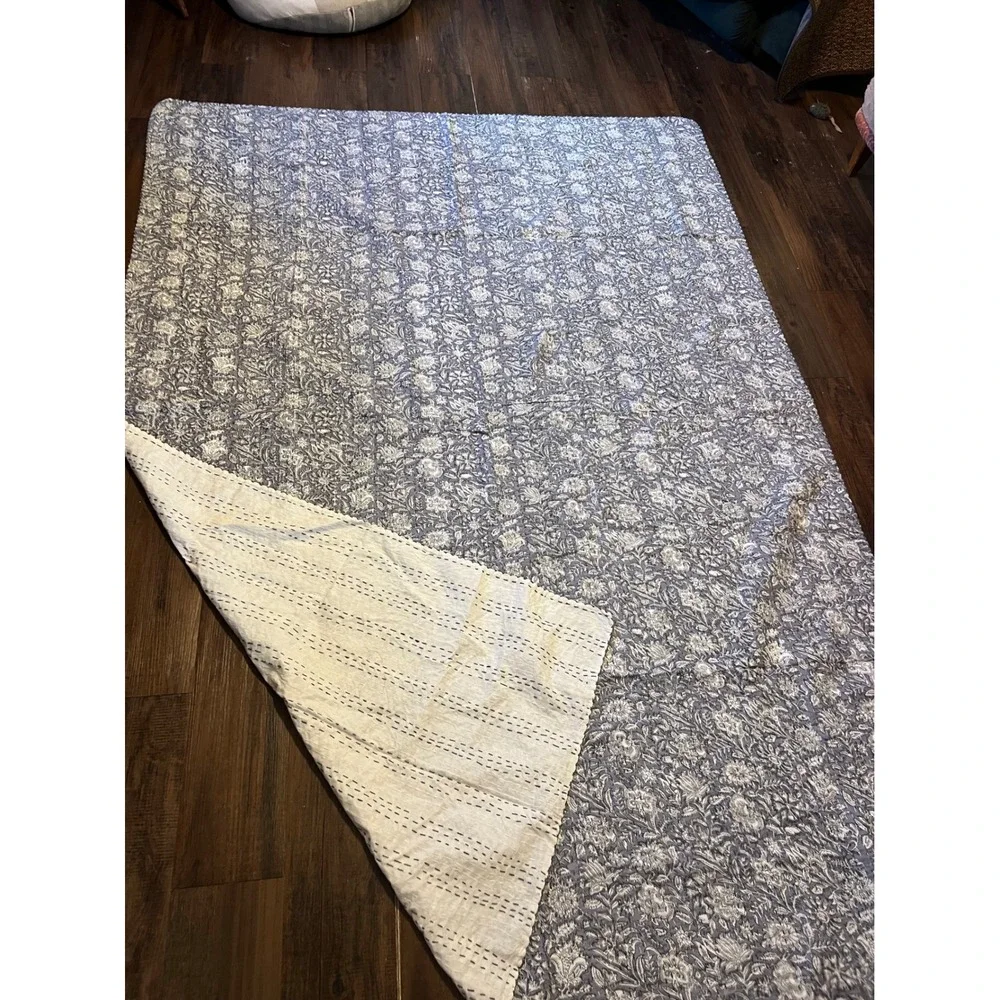 Floral Hand Block Print Handmade Kantha Quilt Indian BlueWhite New 60 x 90